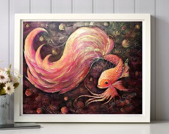 Gold Fish Painting Original Acrylic Wall Art Sea Fish on Canvas Fish Artwork Hand Painted by Inessa Satsuta