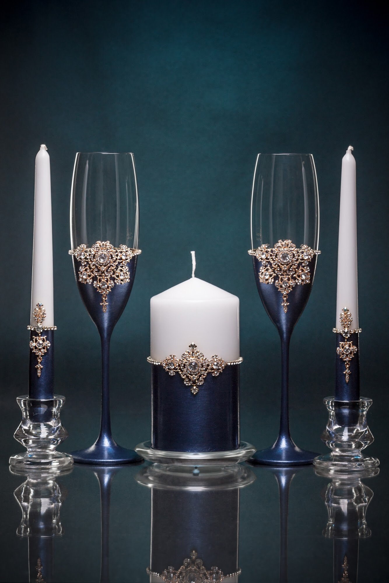 Navy Blue Unity Candle Set Navy Blue Wedding Candles Wedding Etsy