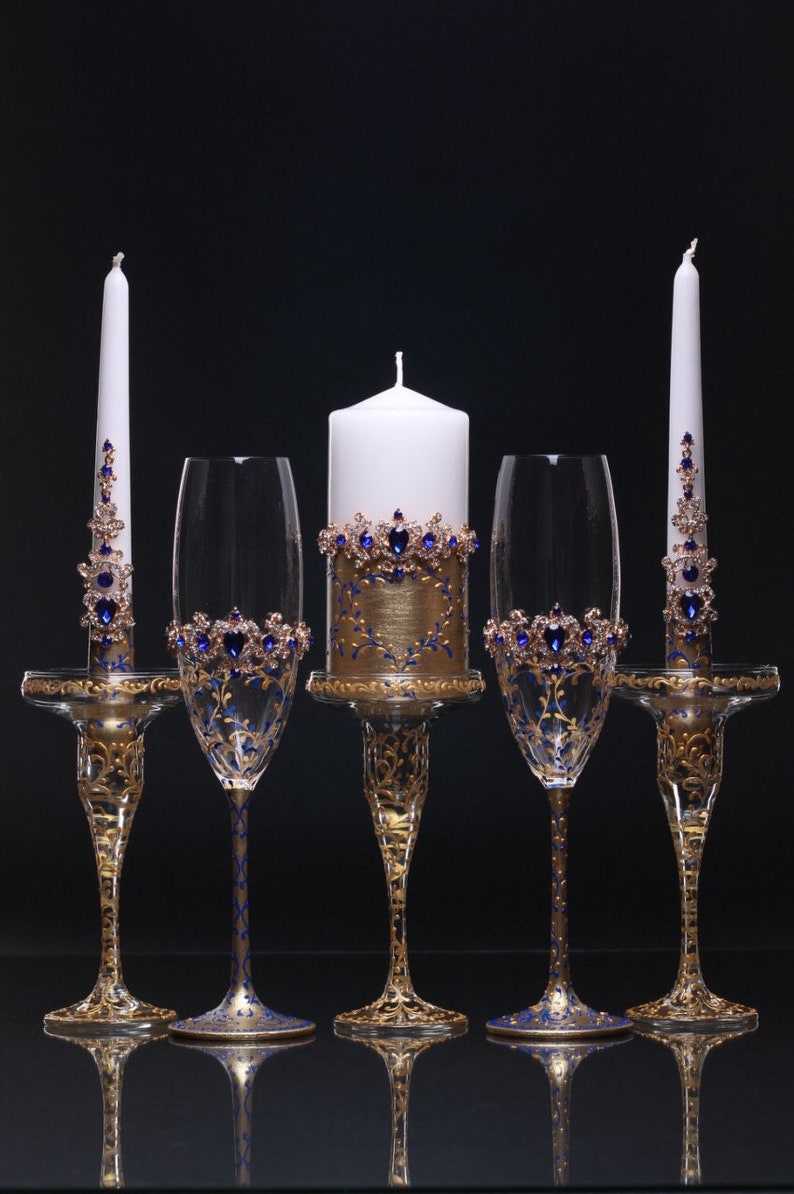 Blue Gold Unity Candle Set Gold Unity Candle Holders Blue Etsy