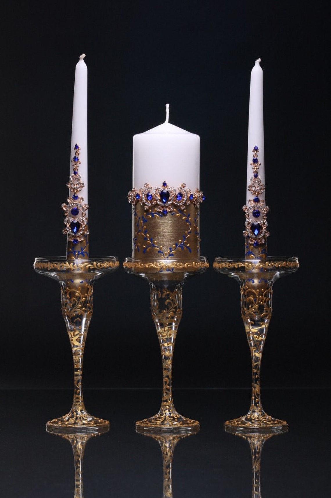 Blue Gold Unity Candle Set Gold Unity Candle Holders Blue Etsy