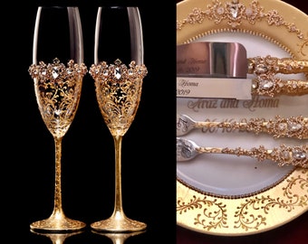 Set of 7: Gold champagne flutes cake server and knife plate for the wedding cake and two forks Gold Wedding Glasses Golden Wedding Gift