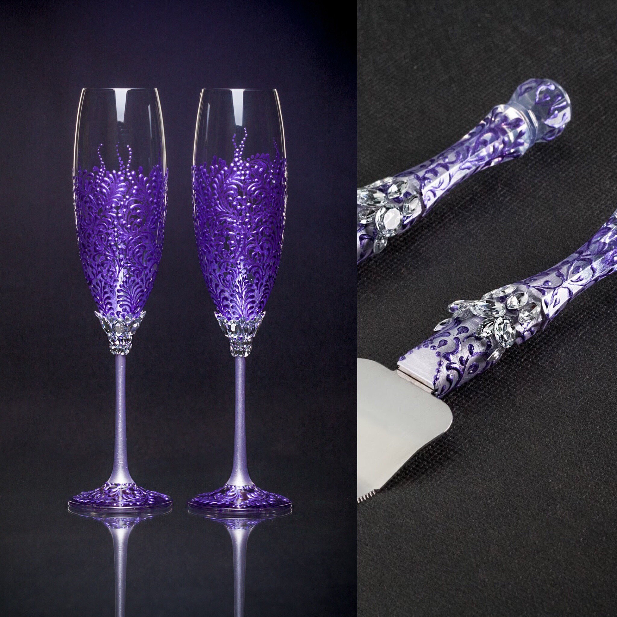 Personalized Wedding Flutes Cake Server Knife Purple Champagne Etsy