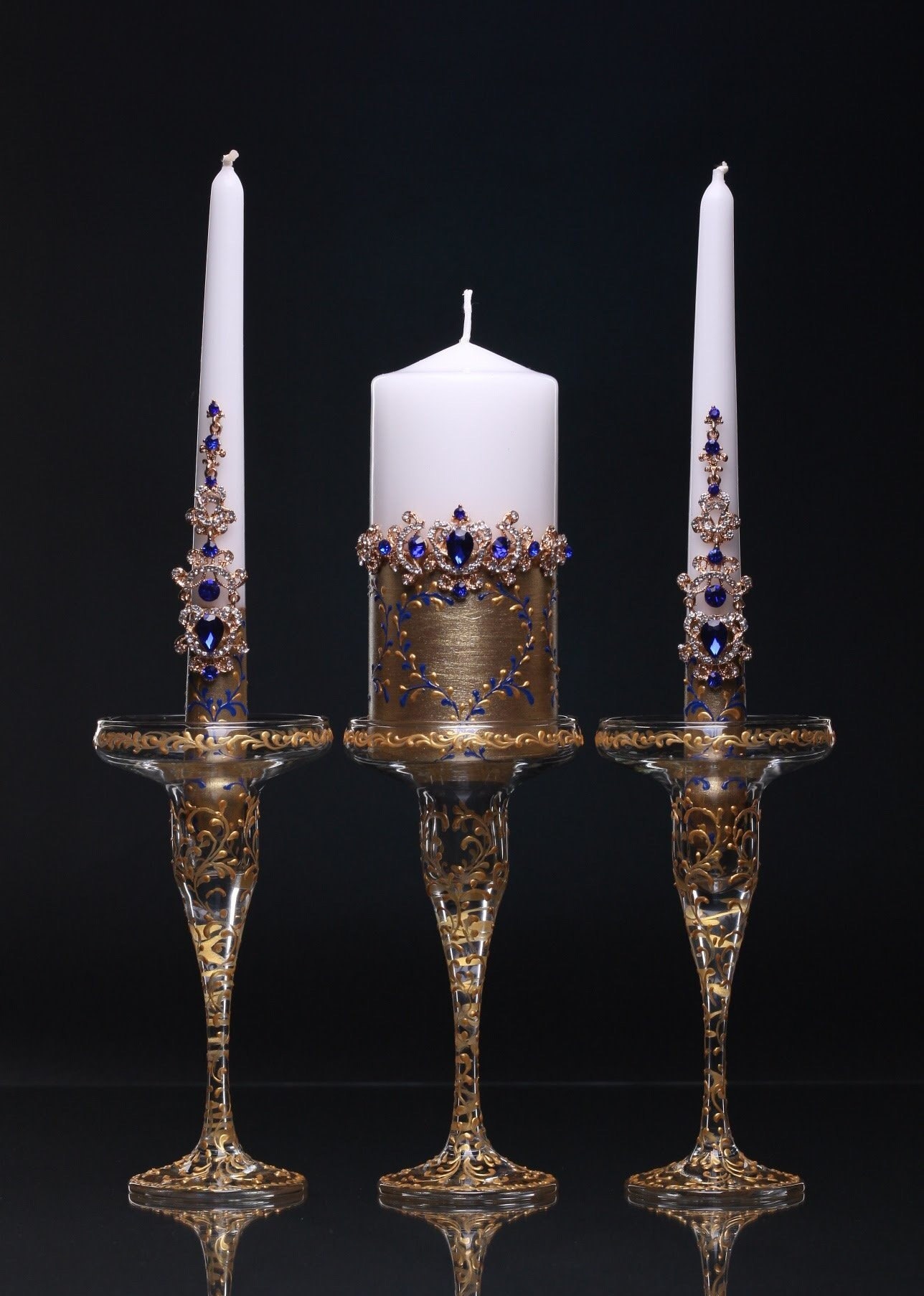 Blue Gold Unity Candle Set Gold Unity Candle Holders Blue Etsy