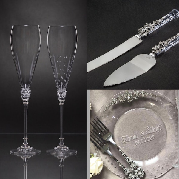 Two champagne flutes cake server and knife plate and two forks with engraving winter wedding Bride Groom Glasses Clear Wedding glasses