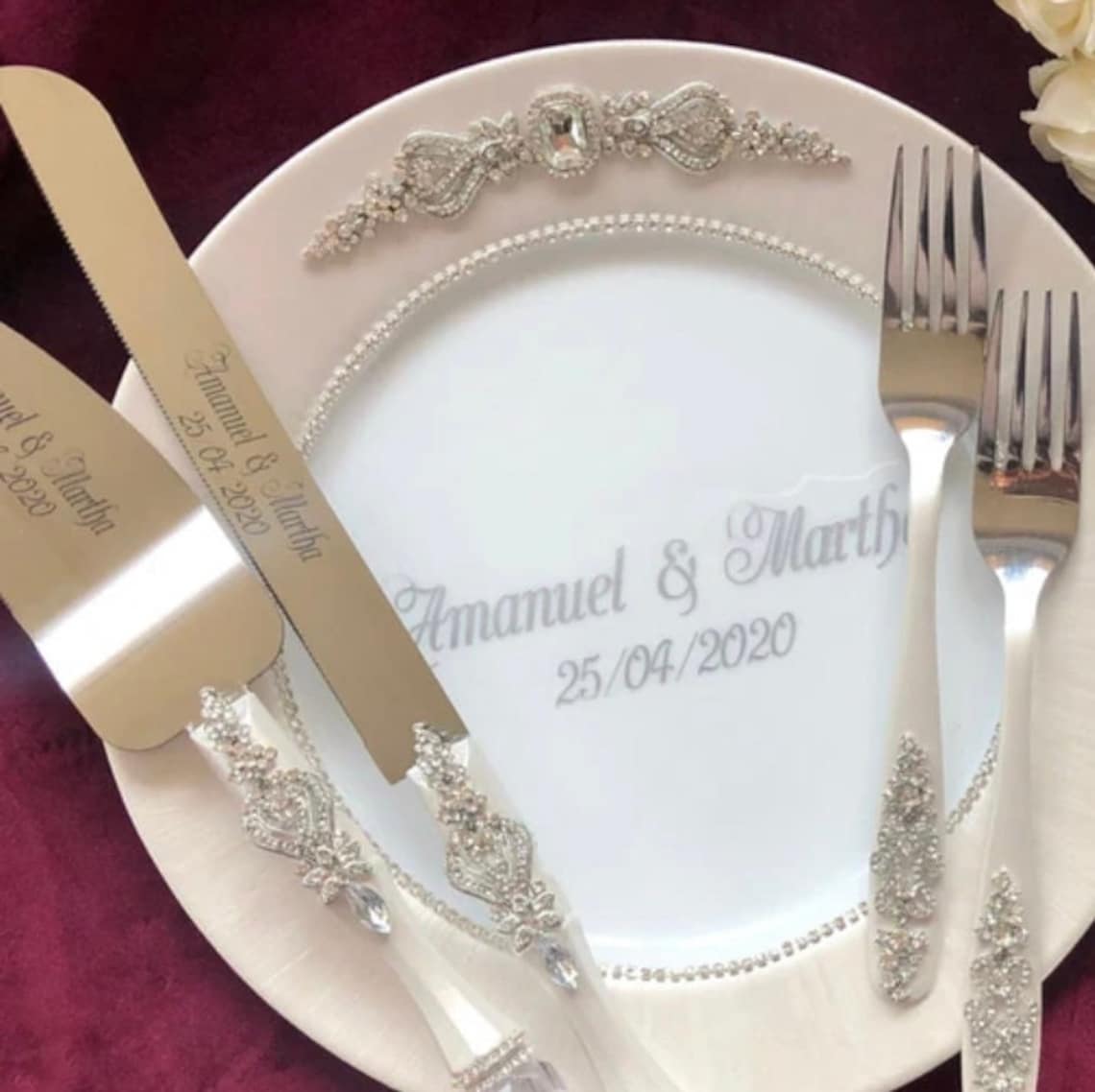 White Wedding Plate Two Forks Cake Server and Knife With Knife - Etsy
