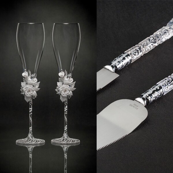 Personalized Wedding Flutes Cake Server Knife White Champagne Flutes White Bride Groom Glasses Toasting Flutes Lavender Champagne Flutes