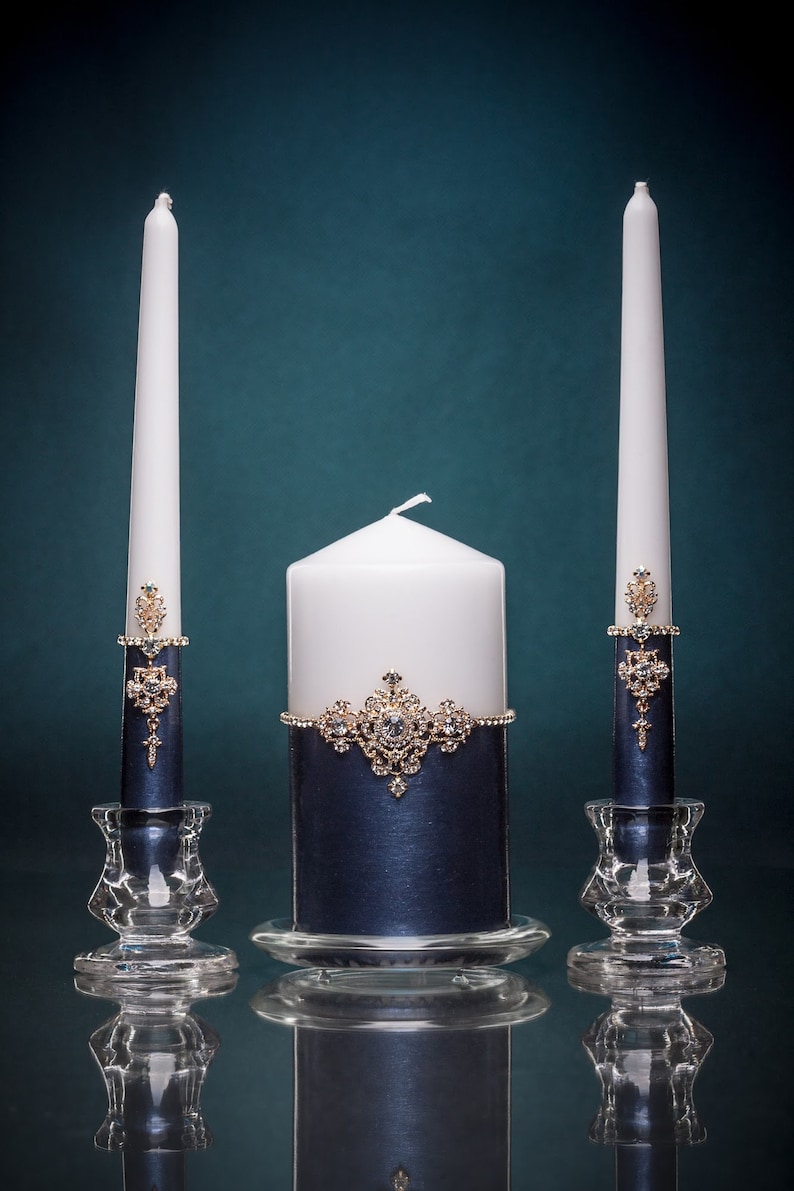 Navy Blue Unity Candle Set Navy Blue Wedding Candles Wedding Etsy