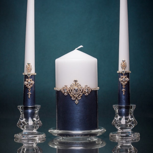 Navy Blue Unity Candle Set Navy Blue Wedding Candles Wedding Ceremony Candles Navy Blue Unity Candle Set Wedding Gift Anniversary Candles