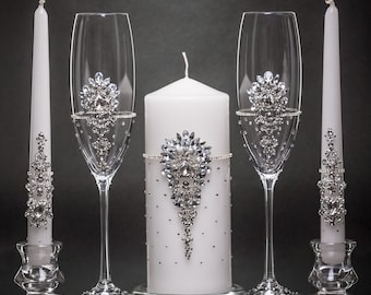Personalized Silver Clear Wedding Flutes Unity Candle Set Clear Champagne Flutes Silver Bride Groom Glasses White Wedding Candles Wedding