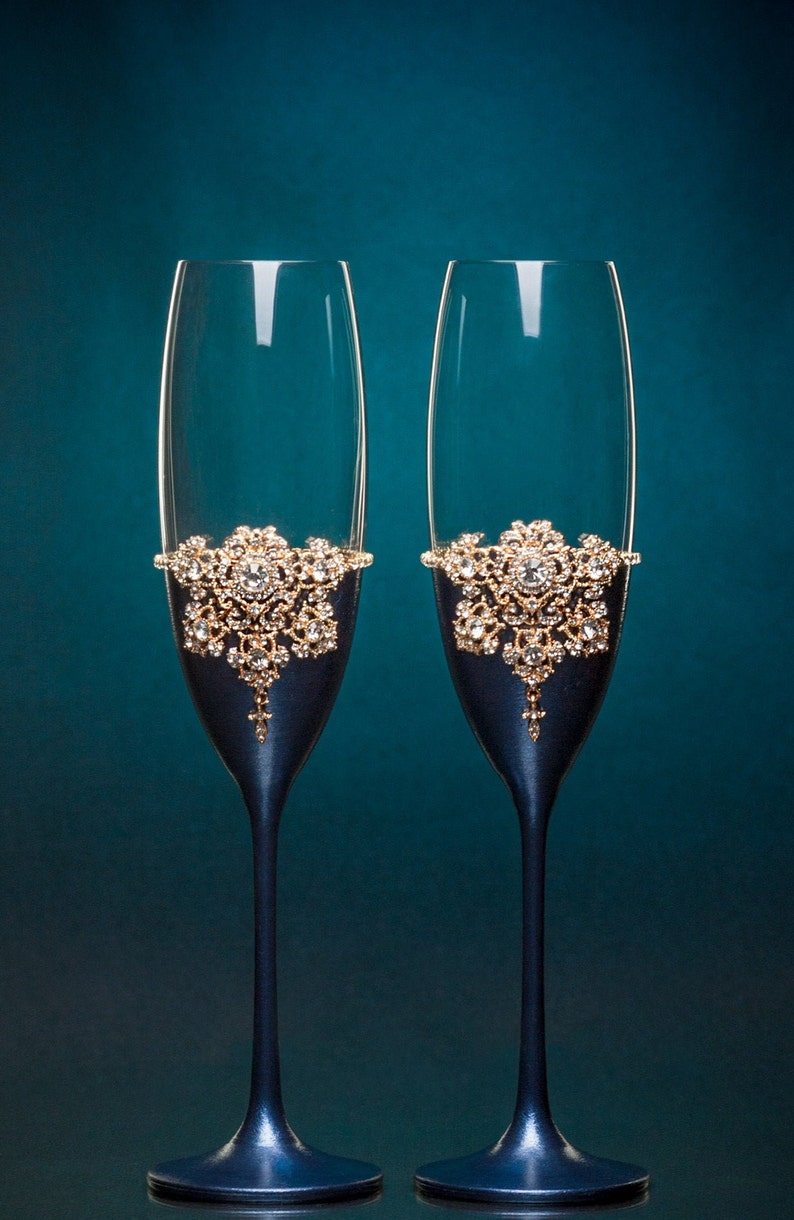 Navy Blue Wedding Flutes Blue Wedding Glasses Blue Champagne Etsy