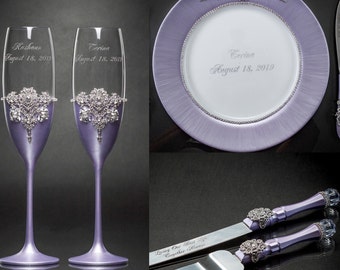 Lavender Champagne Flutes and Cake Server Knife Wedding Cake Plate and two Forks Wedding Glasses Cake Server Set Plate Forks for the Cake