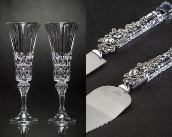 Personalized Wedding Flutes Cake Server Knife Crystal Champagne Flute Silver Bride Groom Glasses Toasting Flutes Silver Champagne Flutes