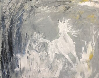 Horse painting, square deep canvas, contemporary, modern, acrylic, grey, white, yellow, by Debbie Storey