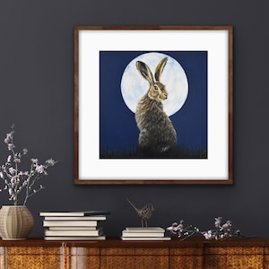 Moongazing Hare Art Print | Giclée Hare Wall Art | Debbie Storey Animal Painting | Square Wildlife Print | Nature Lover Gift | Boho Home Dec