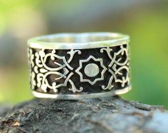 Unisex Sterling Silver Enamel Ring - Armenian Silver Ring, Ornament Silver Ring, Boho Ring, Bohemian Rings, Gift for Her, Gift For Him