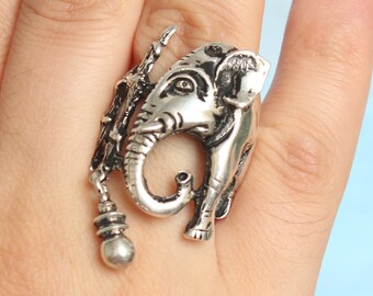 Elephants Sterling Silver Gifts Unique Boho Dangling Ring, 925 Silver Statement Art Deco Gifts Armenian Jewelry
