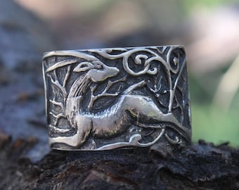 Deer Animal Sterling Silver Band Adjustable Unique Boho Ring, Statement Armenian Cave Jewelry, Gift For Her, Wide Ring