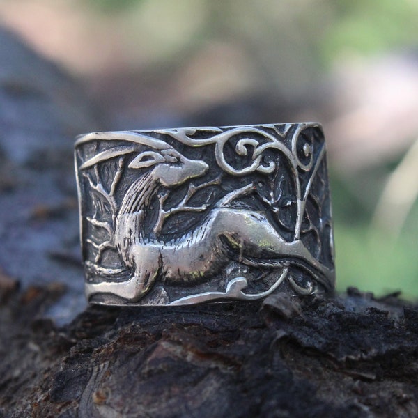 Deer Animal Sterling Silver Band Adjustable Unique Boho Ring, Statement Armenian Cave Jewelry, Gift For Her, Wide Ring