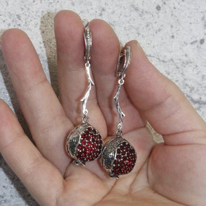 Persephone Pomegranate Fruit Sterling Silver Dangle Earrings, Long Red Zircon Dangling Drop Garnet Dainty Earrings, Armenian Gift Jewelry