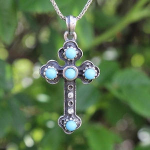 Sterling Silver Turquoise Stone Cross Chain Pendant Necklace, Mens Cross Turquoise Gemstone Jewelry, Christian Cross Stone Gift For Her