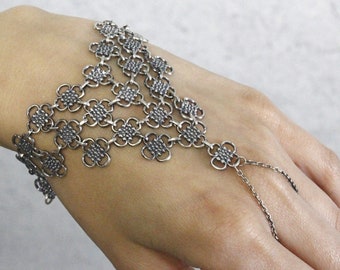 Floral Beaded Sterling Silver Hand Chain Slave Bracelet, Adjustable Boho Gift For Her Bohemian Armenian Jewelry