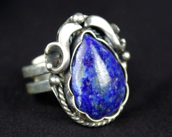 Blue Lapis Lazuli Sterling Silver Bohemian Dangle Earrings Ring Jewelry Set, Adjustable Ring And Dangle Earrings, Handmade Armenian Jewelry