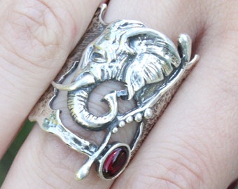 Red Garnet Elephant Animal Sterling Silver Ring, Avant Garde Red Birthstone Grunge Ring, Statement Boho Handmade Armenian Jewelry