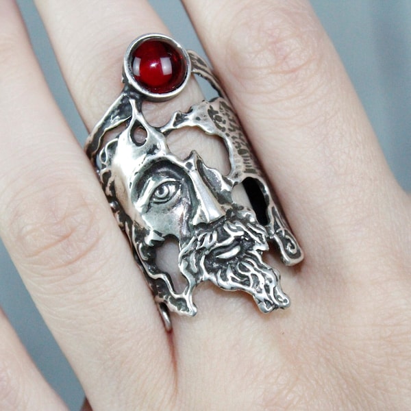 Big Bearded Face Boho Grunge Red Garnet Sterling Silver Ring, Unique Irregular Statement Large Wide Men Face Ring, Armenian Jewelry