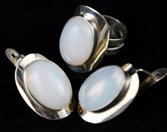 Sterling Silver Moonstone Ring Earrings Classic Jewelry Set, Oval Statement Handmade Adjustable Gemstone Womens Mothers Day Gift, Armenian