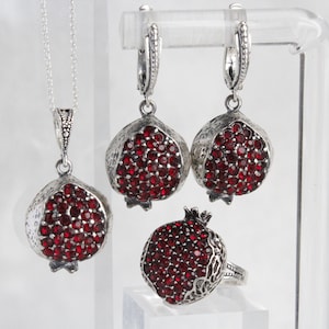 Sterling Silver Pomegranate Persephone Ring Earrings Pendant Jewelry Set, 925 Sterling Silver Fruit Dangle Earrings, Adjustable Armenian