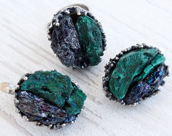 RAW Malachite Sterling Silver Branch Ring Earrings Green Jewelry Set, Adjustable Carborundum Ring Statement Armenian Art Deco Jewelry