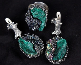 Ensemble de bijoux de boucles d'oreilles bague en argent sterling malachite verte brute, boucles d'oreilles pendantes réglables en carborundum, bijoux art déco arméniens