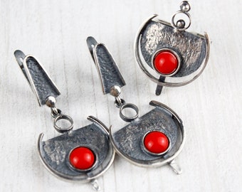 Sterling Silver Coral Gemstone Boho Ring Dangle Earrings Jewelry Set, Statement Long Earrings Adjustable Ring, Handmade Armenian Jewelry