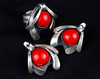 Sterling Silver Red Coral Gemstone Ring Earrings Jewelry Set, Handmade Dainty Adjustabe Ring, Womens Statement Mothers Day Gift Armenian