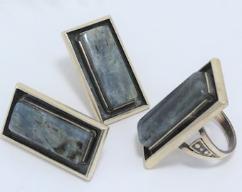 Blue Kyanite Rectangle Sterling Silver Minimalist Ring Earrings Jewelry Set, Statement Ring, Vintage Style Dainty Handmade Armenian Jewelry