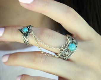 Double ring with chains made of silver "Ethno" with turquoise