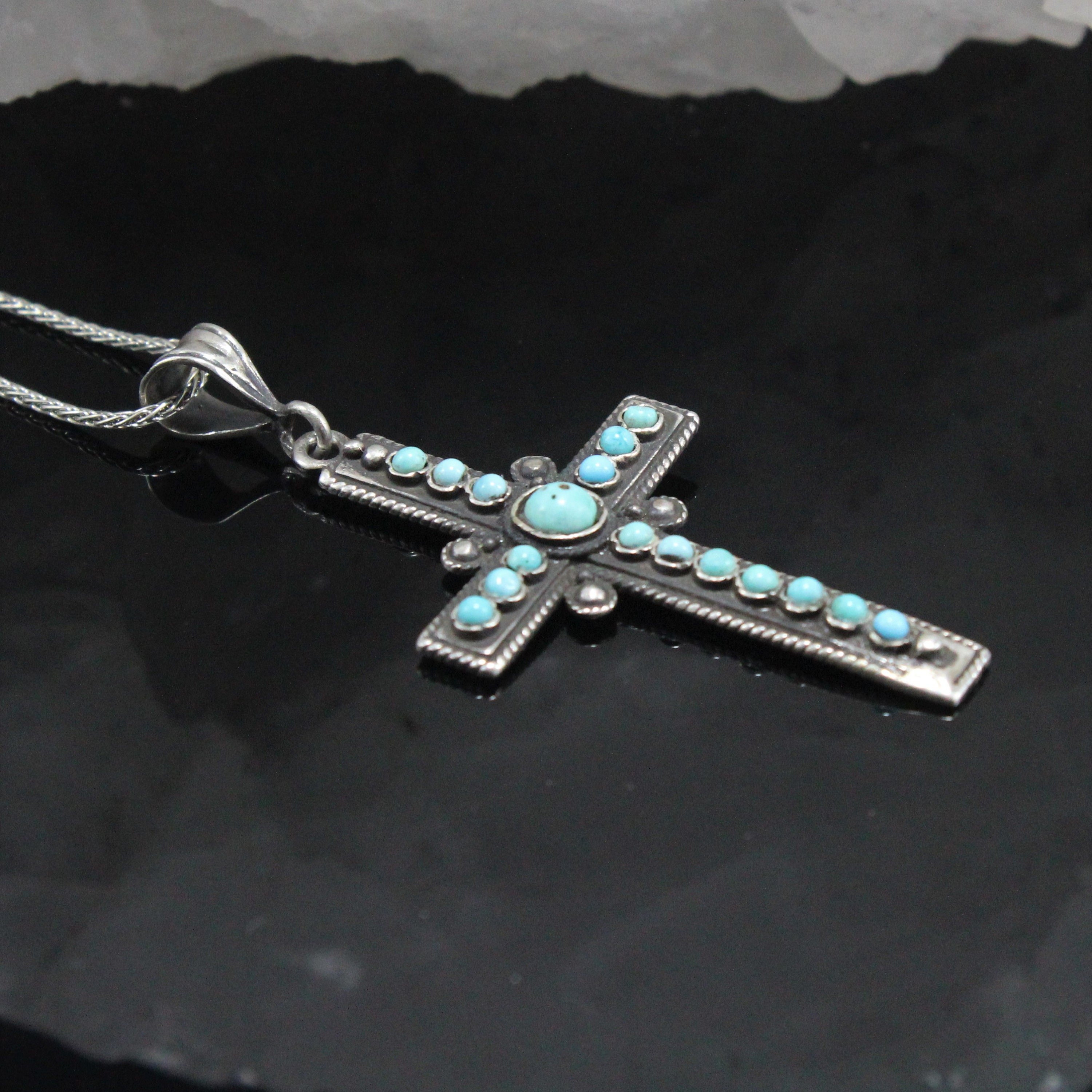Sterling Silver Turquoise Stone Cross Chain Pendant Necklace