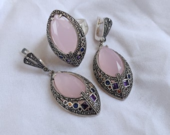 Rose Quartz Marcasite Jewelry Ring Earrings Sterling Silver Set, Marquise Dangle Drop Earrings, Dainty Ring
