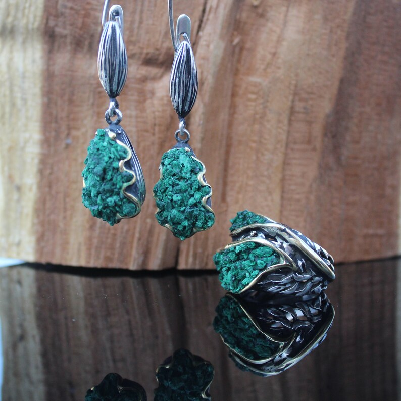 RAW Malachite Sterling Silver Earrings And Ring Silver Etsy