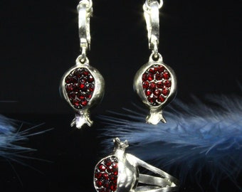 Pomegranate Silver Crystal Persephone Ring Earrings Jewelry Set, Sterling Drop Earrings, Art Deco Fruit Gemstone Jewelry