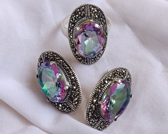 Marcasite Rainbow Oval Classic Shiny Ring Earrings Jewelry Set, 925 Sterling Silver Dainty Statement Homemade Handmade Armenian Jewelry Set