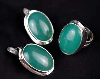 Green Nephrite Sterling Silver Ring Earrings Classic Jewelry Set, Minimalist Oval Green Gemstone Adjustable Ring Statement Armenian Jewelry