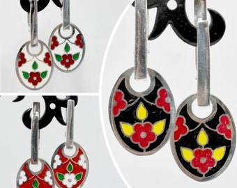 Cloisonne Flower Floral Quirky Enamel Sterling Silver Earrings, Oval Dangle Drop Earrings, Blossom Black Red White Dainty Armenian Jewelry