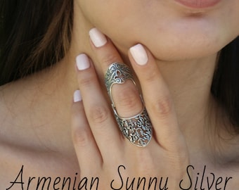 Sterling Silver Full Finger Armenian Alphabet Ring, Double ring, Statement ring, Large ring, Knuckles ring, Persephone Silver Ring