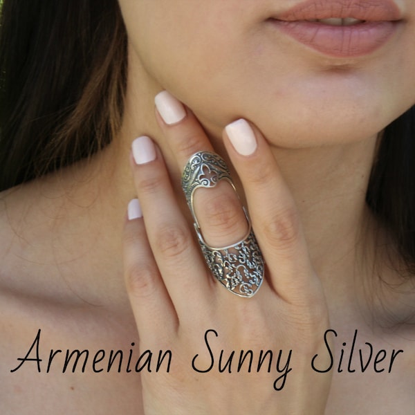 Sterling Silver Full Finger Armenian Alphabet Ring, Double ring, Statement ring, Large ring, Knuckles ring, Persephone Silver Ring