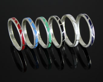 Sterling Silver Enamel Rings Set, Minimalist Thumb Statement Rings, Artisan Boho Black Green Ring, Dainty Thin Rings, Armenian Jewelry