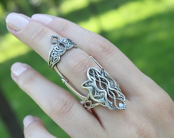 Sterling Silver Full Finger Armenian Ornament Ring, Double ring, Statement ring, Large ring, Knuckles ring, Persephone Silver Ring
