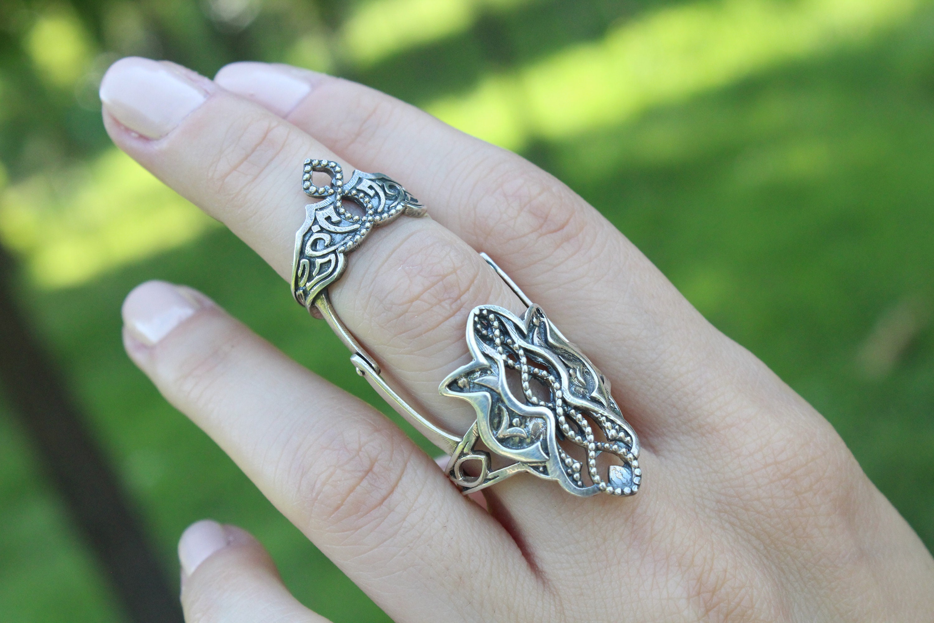 Sterling Silver Full Finger Armenian Ornament Ring, Double Ring 