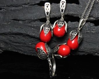 Red Coral Gemstone Sterling Silver Ring Earrings Jewelry Set, Floral Adjustable Ring, Dainty Coral Pendant, Silver Floral Necklace