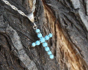 Sterling Silver Turquoise Stone Cross Chain Pendant Necklace, Mens Cross Turquoise Gemstone Jewelry, Christian Cross Stone Gift For Her